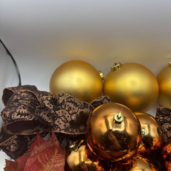 Gold & Copper Christmas Ornament Set With Poinsettias & Brown Patterned Ribbon - Picture 4 of 6
